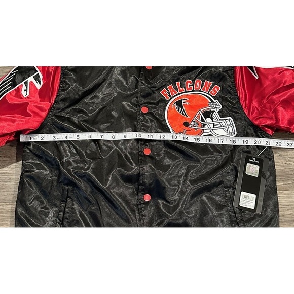 Atlanta Falcons Jacket Mens Small Black Red Satin Varsity Bomber Coat Retro NFL - Picture 5 of 7